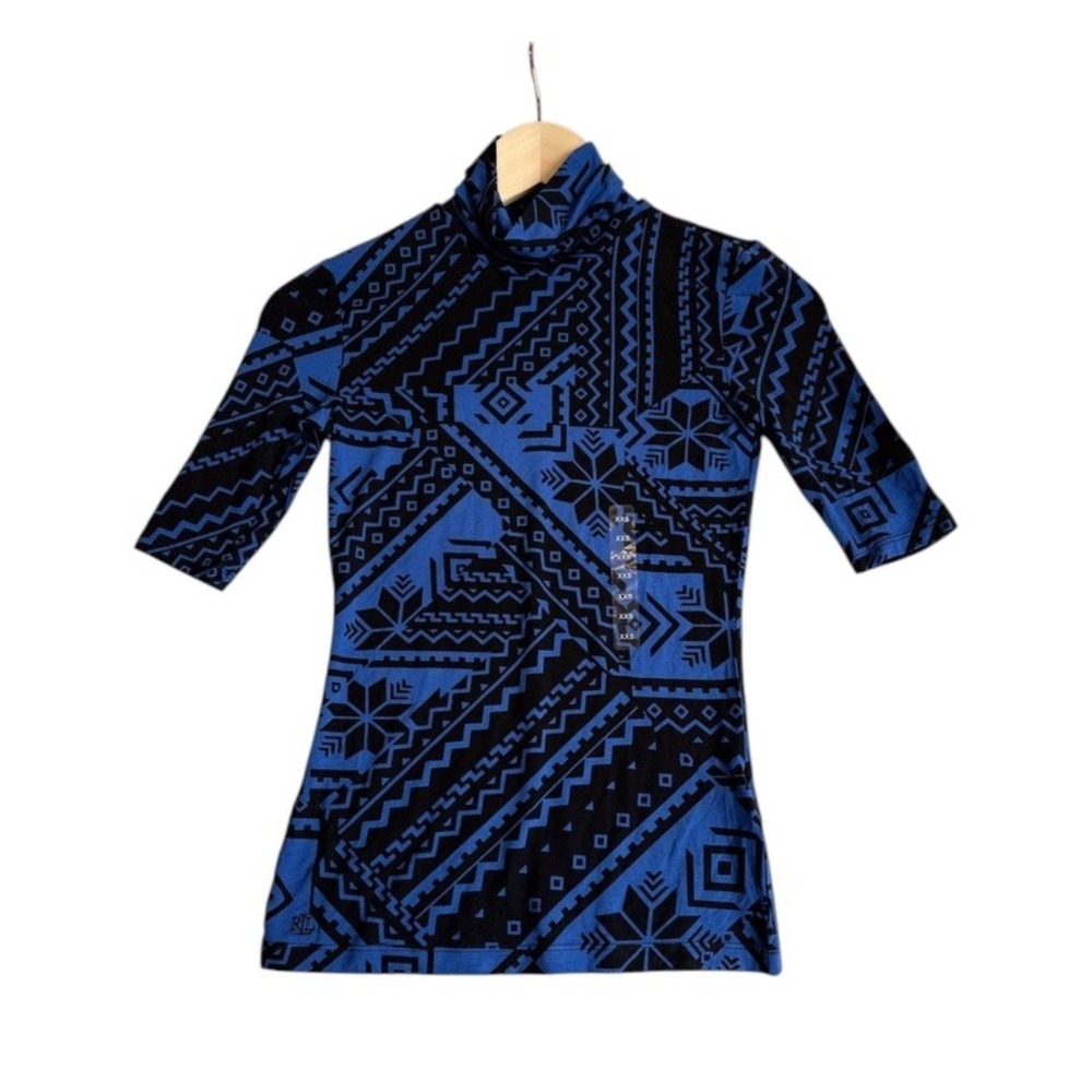 Lauren Ralph Lauren Mock Neck Top Women XXS Blue Fair Isle Geometric Stretch